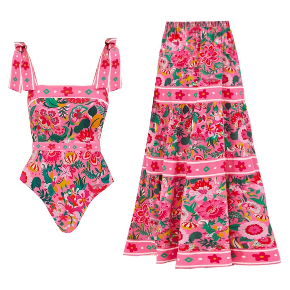 New Retro Printed Swimsuit With Cover Up Women Floral Swimwear 2025 Sexy Swim Suit Bikinis Female Bodysuit Bathingsuit Beachwear