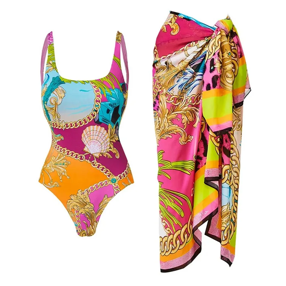 New Retro Printed Swimsuit With Cover Up Women Floral Swimwear 2025 Sexy Swim Suit Bikinis Female Bodysuit Bathingsuit Beachwear