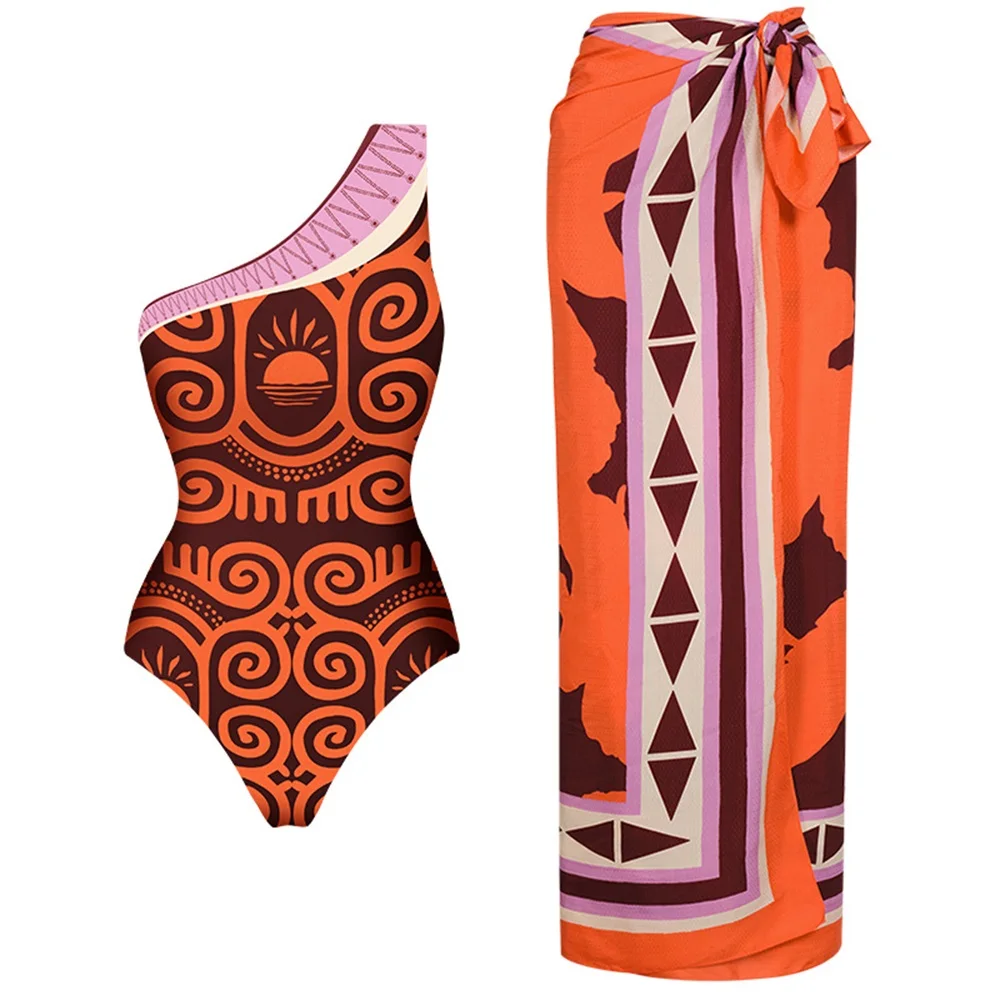 New Retro Printed Swimsuit With Cover Up Women Floral Swimwear 2025 Sexy Swim Suit Bikinis Female Bodysuit Bathingsuit Beachwear