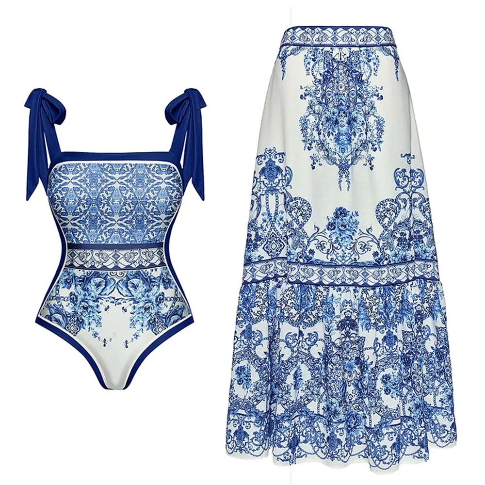 New Retro Printed Swimsuit With Cover Up Women Floral Swimwear 2025 Sexy Swim Suit Bikinis Female Bodysuit Bathingsuit Beachwear