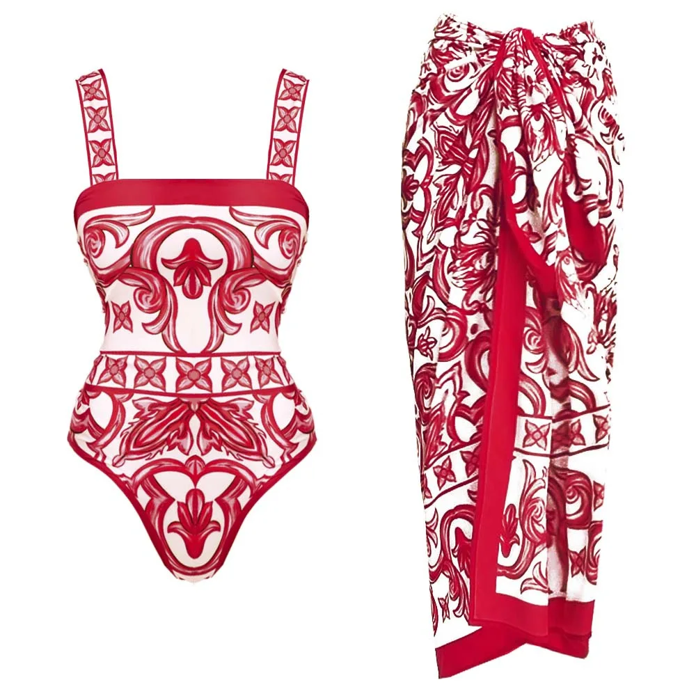 New Retro Printed Swimsuit With Cover Up Women Floral Swimwear 2025 Sexy Swim Suit Bikinis Female Bodysuit Bathingsuit Beachwear