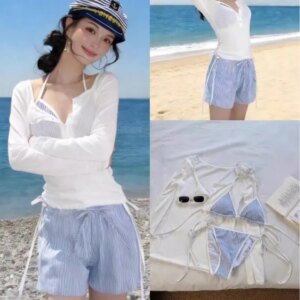 Korean Girl Bikini Four Piece Long Sleeved Top Ins Pure Desire Vacation Hot Spring Swimsuit Women's Small Chest Slimming