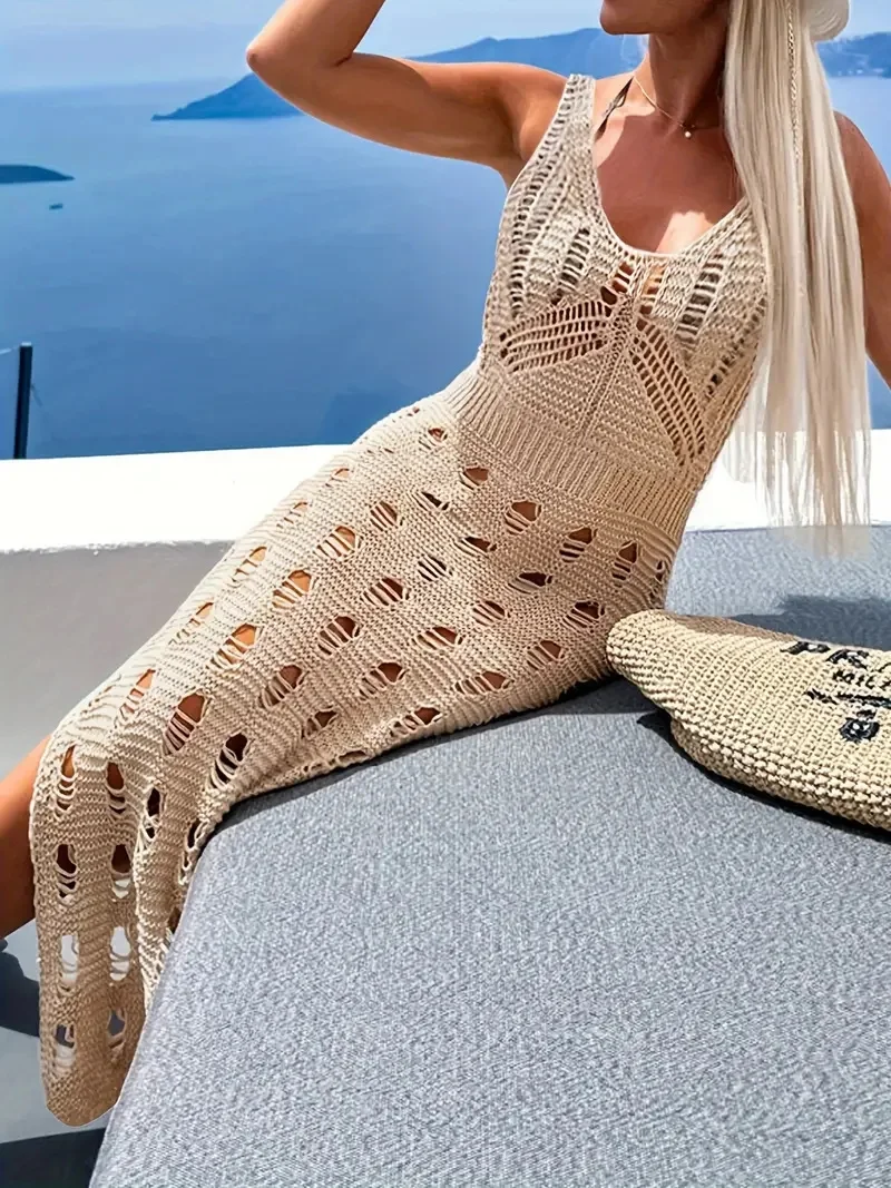 Women's Sexy Sleeveless See Through Long Knitting Beach Dress, Crochet Bikini Cover up, Sarong, Swimwear, Hollow Out Beachwear - Image 3