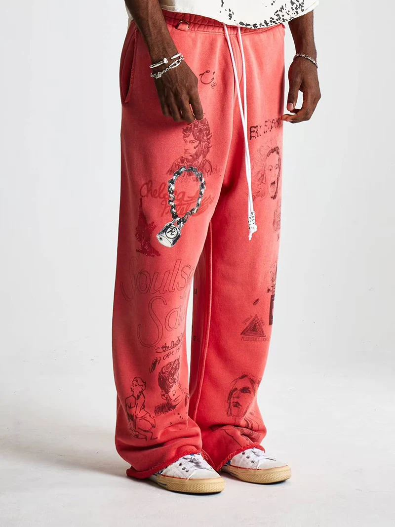Paly Red Rock Graffiti Sweatpants Elastic Waist Drawstring Vintage High Quality Loose Straight Casual Pants Unisex