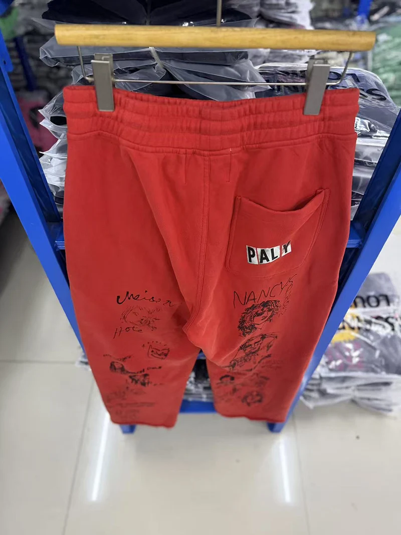 Paly Red Rock Graffiti Sweatpants Elastic Waist Drawstring Vintage High Quality Loose Straight Casual Pants Unisex