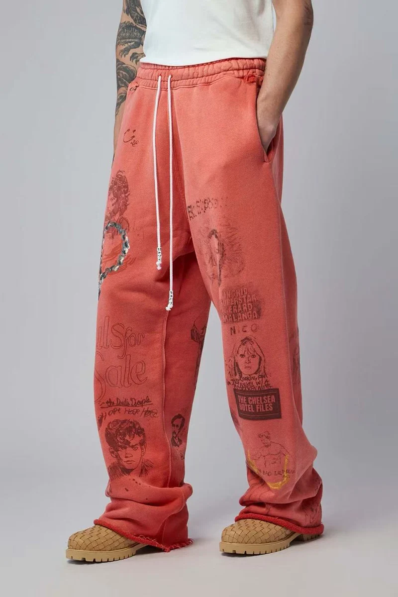 Paly Red Rock Graffiti Sweatpants Elastic Waist Drawstring Vintage High Quality Loose Straight Casual Pants Unisex