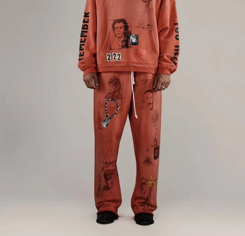 Paly Red Rock Graffiti Sweatpants Elastic Waist Drawstring Vintage High Quality Loose Straight Casual Pants Unisex