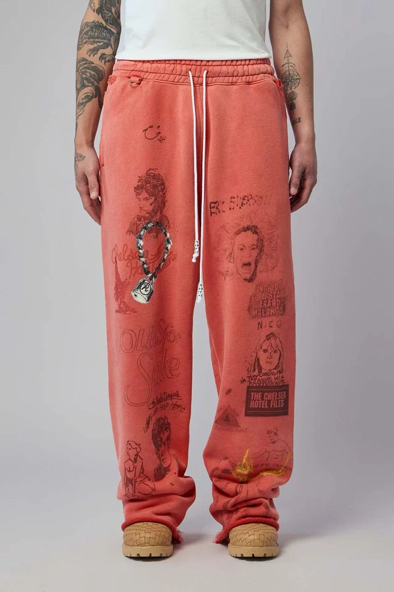 Paly Red Rock Graffiti Sweatpants Elastic Waist Drawstring Vintage High Quality Loose Straight Casual Pants Unisex