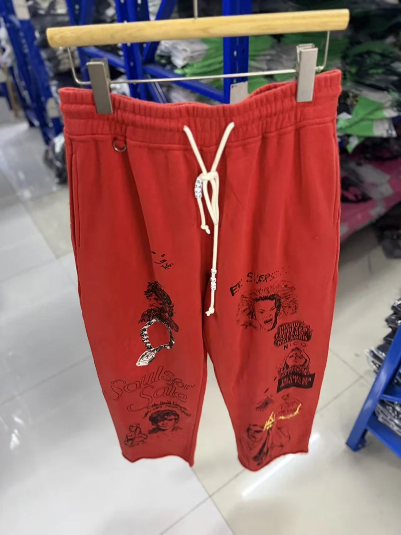 Paly Red Rock Graffiti Sweatpants Elastic Waist Drawstring Vintage High Quality Loose Straight Casual Pants Unisex