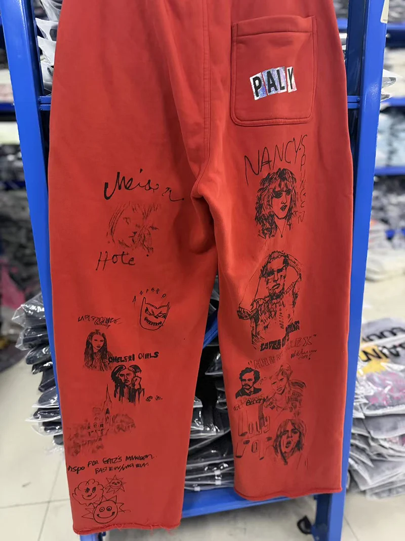 Paly Red Rock Graffiti Sweatpants Elastic Waist Drawstring Vintage High Quality Loose Straight Casual Pants Unisex