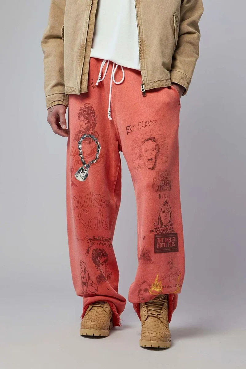 Paly Red Rock Graffiti Sweatpants Elastic Waist Drawstring Vintage High Quality Loose Straight Casual Pants Unisex