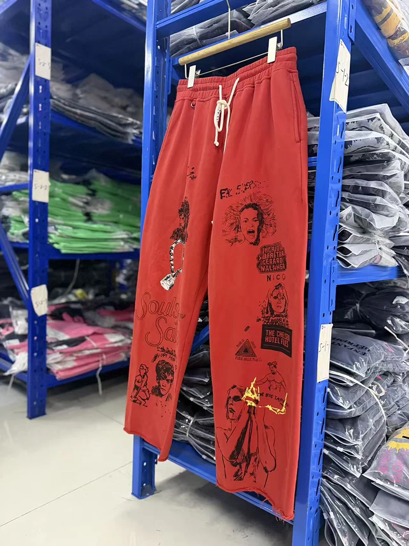 Paly Red Rock Graffiti Sweatpants Elastic Waist Drawstring Vintage High Quality Loose Straight Casual Pants Unisex
