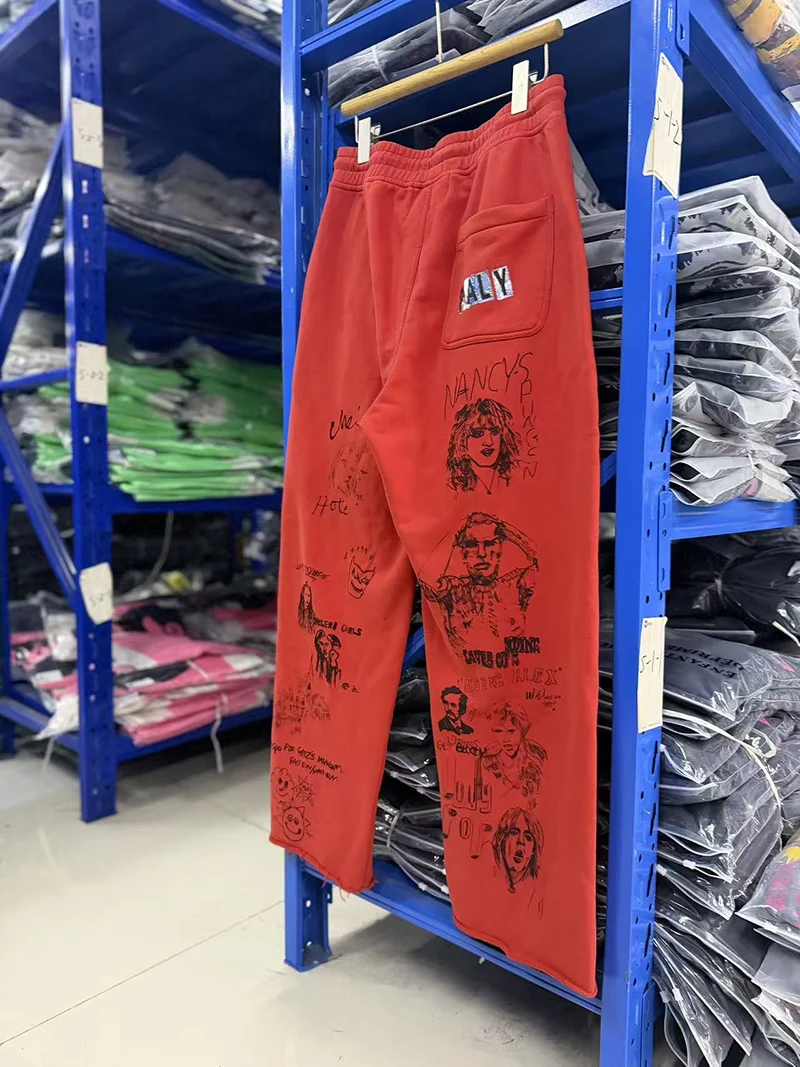 Paly Red Rock Graffiti Sweatpants Elastic Waist Drawstring Vintage High Quality Loose Straight Casual Pants Unisex