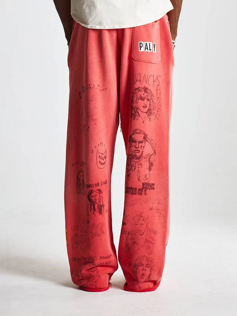 Paly Red Rock Graffiti Sweatpants Elastic Waist Drawstring Vintage High Quality Loose Straight Casual Pants Unisex