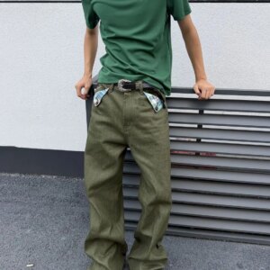 Men's Retro Green Casual 90s Pants High Waist Straight Unisex Trousers Summer Street Boy Bottom Male Wide Legs Sweatpants