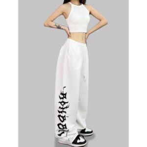 Unisex Summer Quick‑Dry Hip Hop Long Pants Black Gothic Letter Print Wide‑Leg Trousers Streetwear Dance Sweatpants Men Women