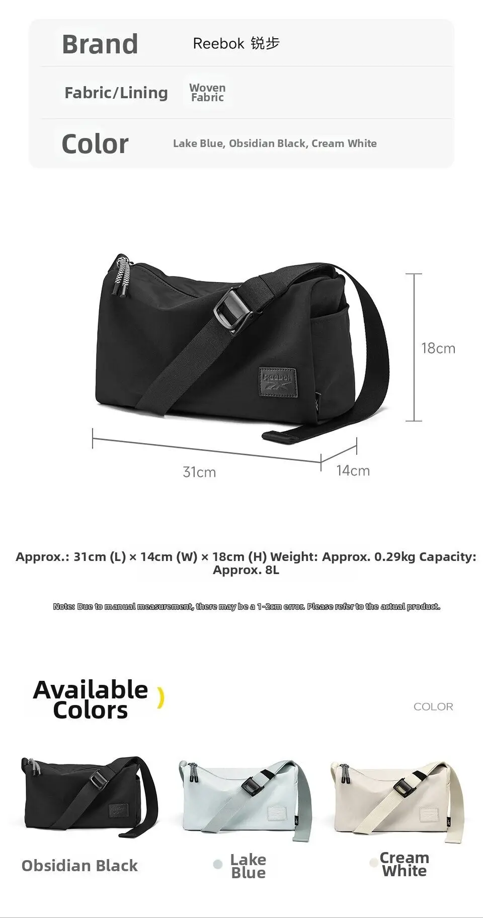 REEBOK Minimalist Black Crossbody Shoulder Bag Unisex Women Men Water Resistant Casual Simple Medium Messenger Side Bag REEBOK Minimalist Black Crossbody Shoulder Bag Unisex Women Men Water Resistant Casual Simple Medium Messenger Side Bag