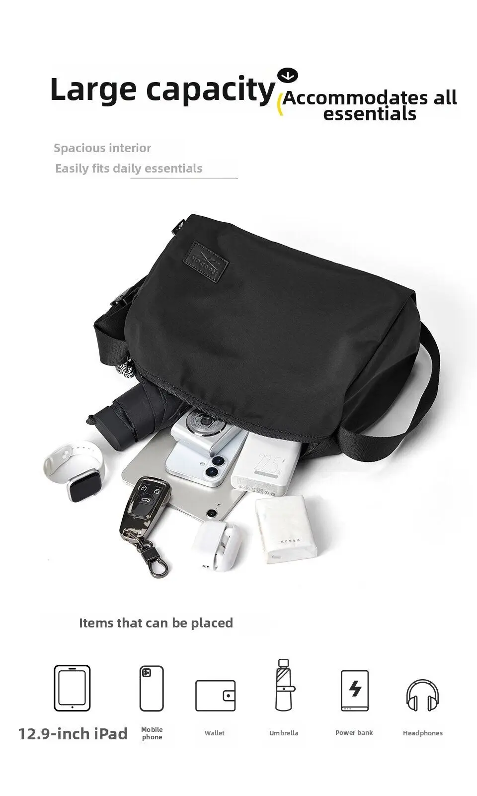 REEBOK Minimalist Black Crossbody Shoulder Bag Unisex Women Men Water Resistant Casual Simple Medium Messenger Side Bag REEBOK Minimalist Black Crossbody Shoulder Bag Unisex Women Men Water Resistant Casual Simple Medium Messenger Side Bag