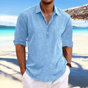 New Solid Color Men's Long-Sleeved Shirt, Loose Plus Size, Vacation Style, Henley Collar Top, Outdoor Casual Fashion Top