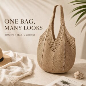 Lightweight Large Capacity Hollow Knitted Tote Bag, Crochet Shoulder Handbag for Beach Travel School, Mother's Day Gift for Mom