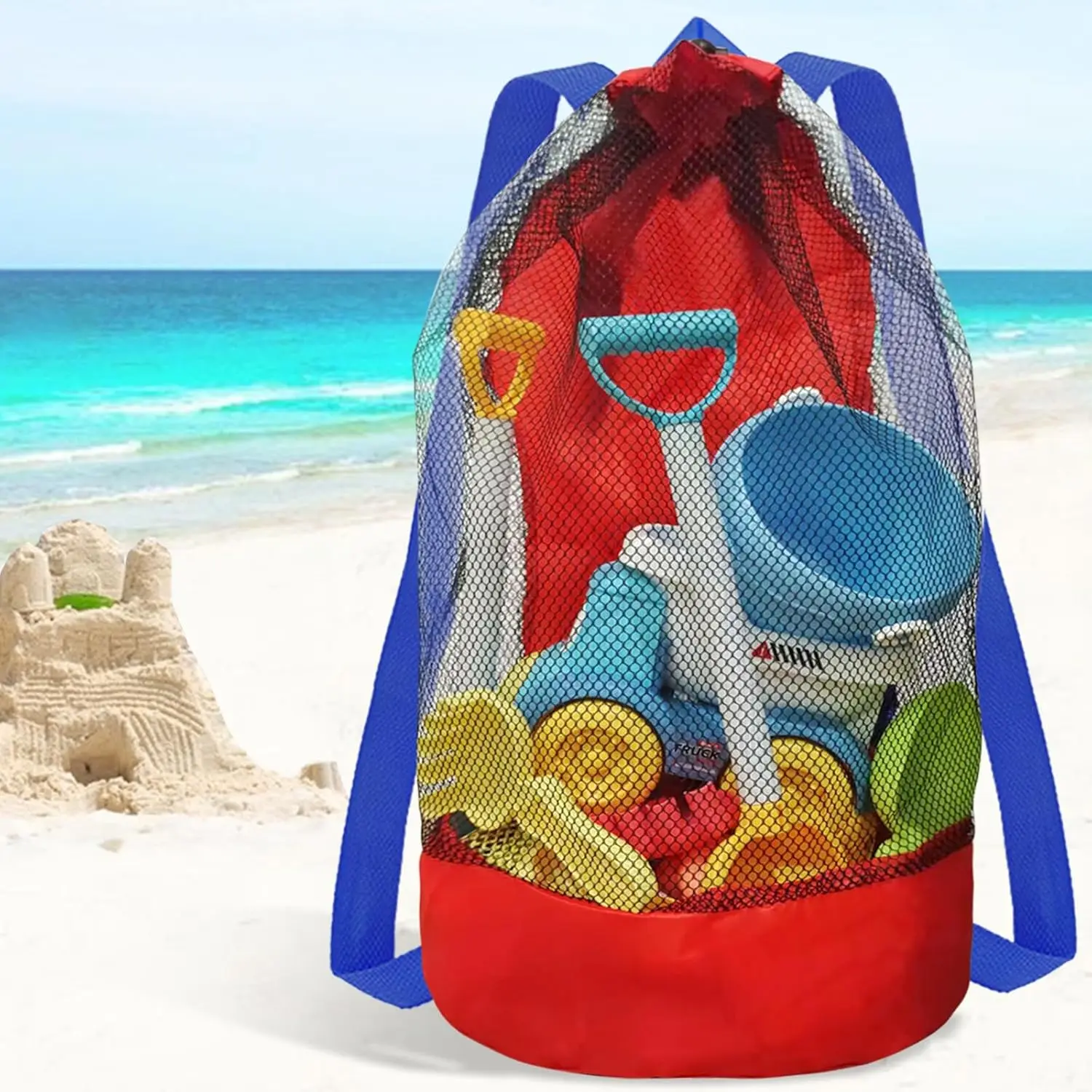 Mesh Beach Bag Drawstring Backpack Foldable Toy Organizer Pouch Shell Adjustable Straps Large Capacity Beach Toy Bag Swim Bag