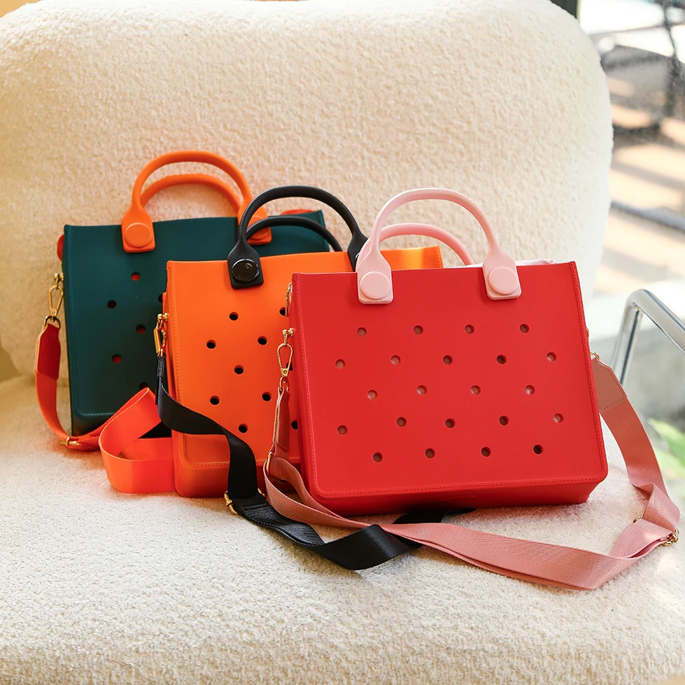 Beach Tote Travel Handbag Storage Fashion Storage EVA Large Leather Shoulder Bag for Women Casual Waterproof Bag Hole Fit Charms