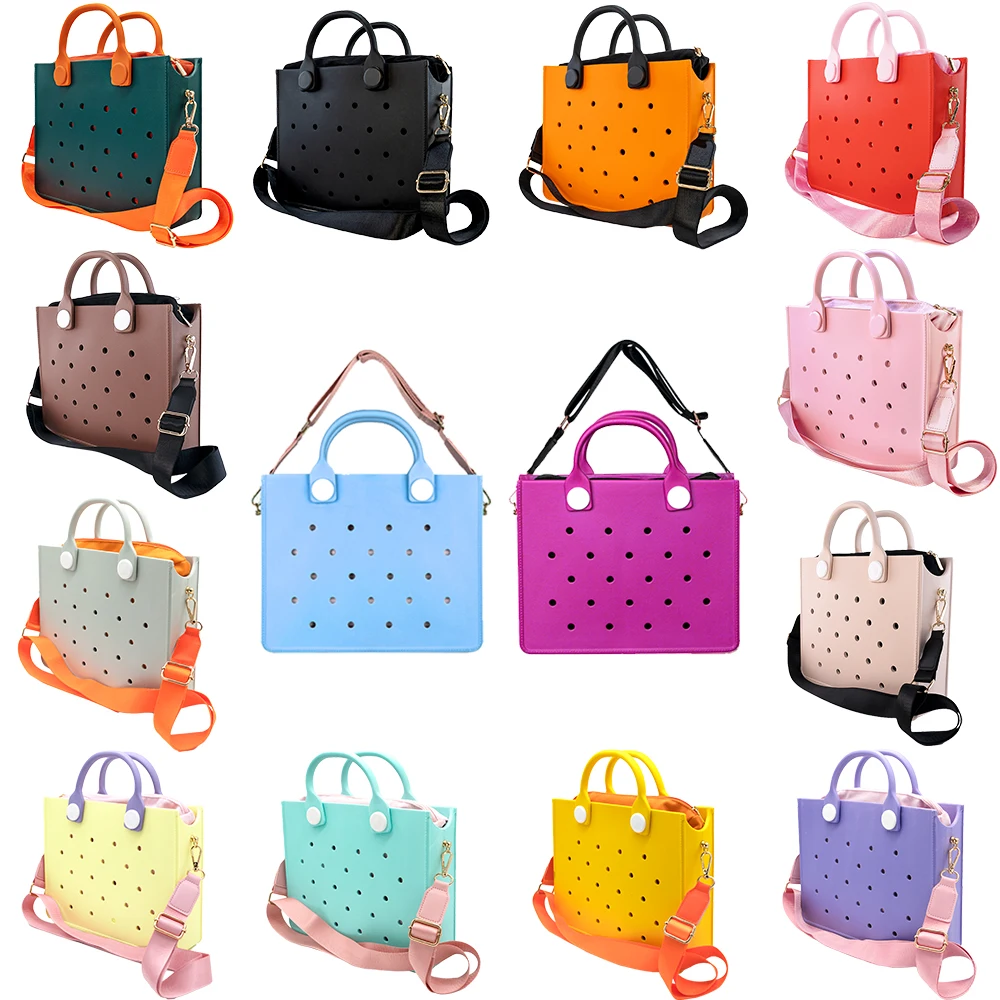 Beach Tote Travel Handbag Storage Fashion Storage EVA Large Leather Shoulder Bag for Women Casual Waterproof Bag Hole Fit Charms