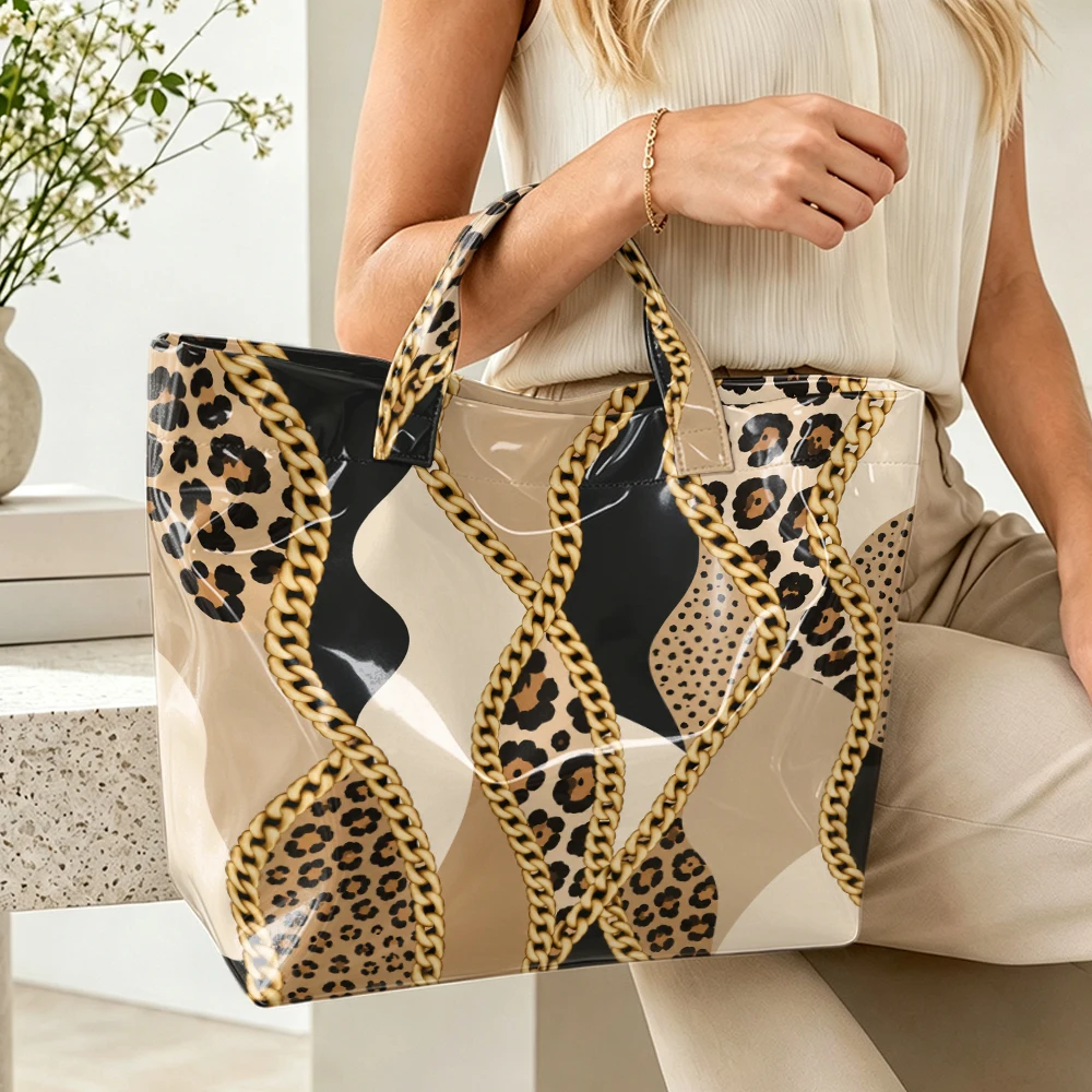 1pc Leopard Metal Chain Stitching Pattern Bright PVC Tote Bag, Retro Luxury Printing, Large-Capacity Handbag, Outdoor Travel Commuting, Storage of Beauty Books, Travel Paraphernalia, Short Handle Handbag. - Image 8