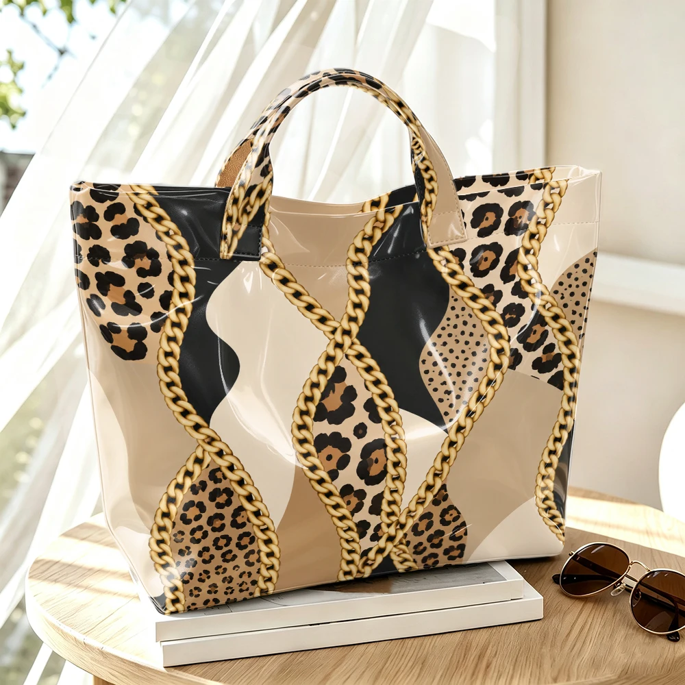 1pc Leopard Metal Chain Stitching Pattern Bright PVC Tote Bag, Retro Luxury Printing, Large-Capacity Handbag, Outdoor Travel Commuting, Storage of Beauty Books, Travel Paraphernalia, Short Handle Handbag. - Image 2