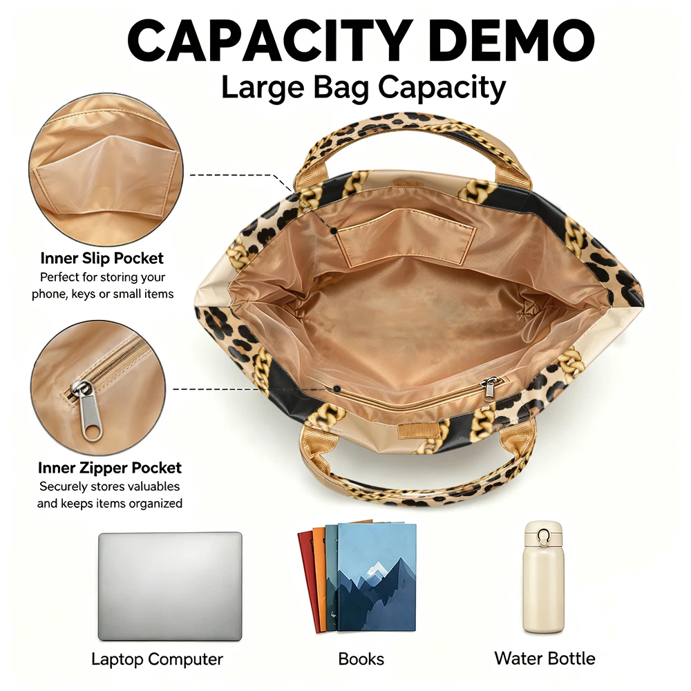 1pc Leopard Metal Chain Stitching Pattern Bright PVC Tote Bag, Retro Luxury Printing, Large-Capacity Handbag, Outdoor Travel Commuting, Storage of Beauty Books, Travel Paraphernalia, Short Handle Handbag. - Image 5