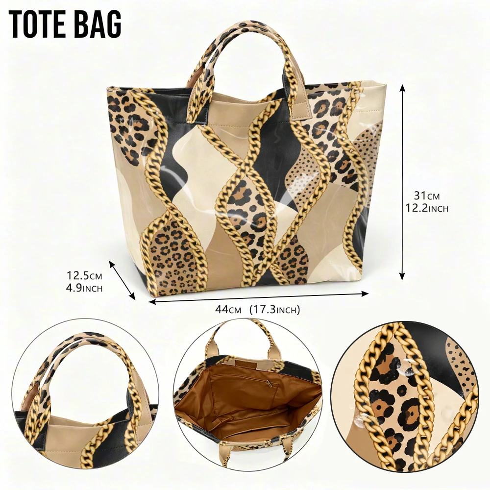 1pc Leopard Metal Chain Stitching Pattern Bright PVC Tote Bag, Retro Luxury Printing, Large-Capacity Handbag, Outdoor Travel Commuting, Storage of Beauty Books, Travel Paraphernalia, Short Handle Handbag. - Image 3