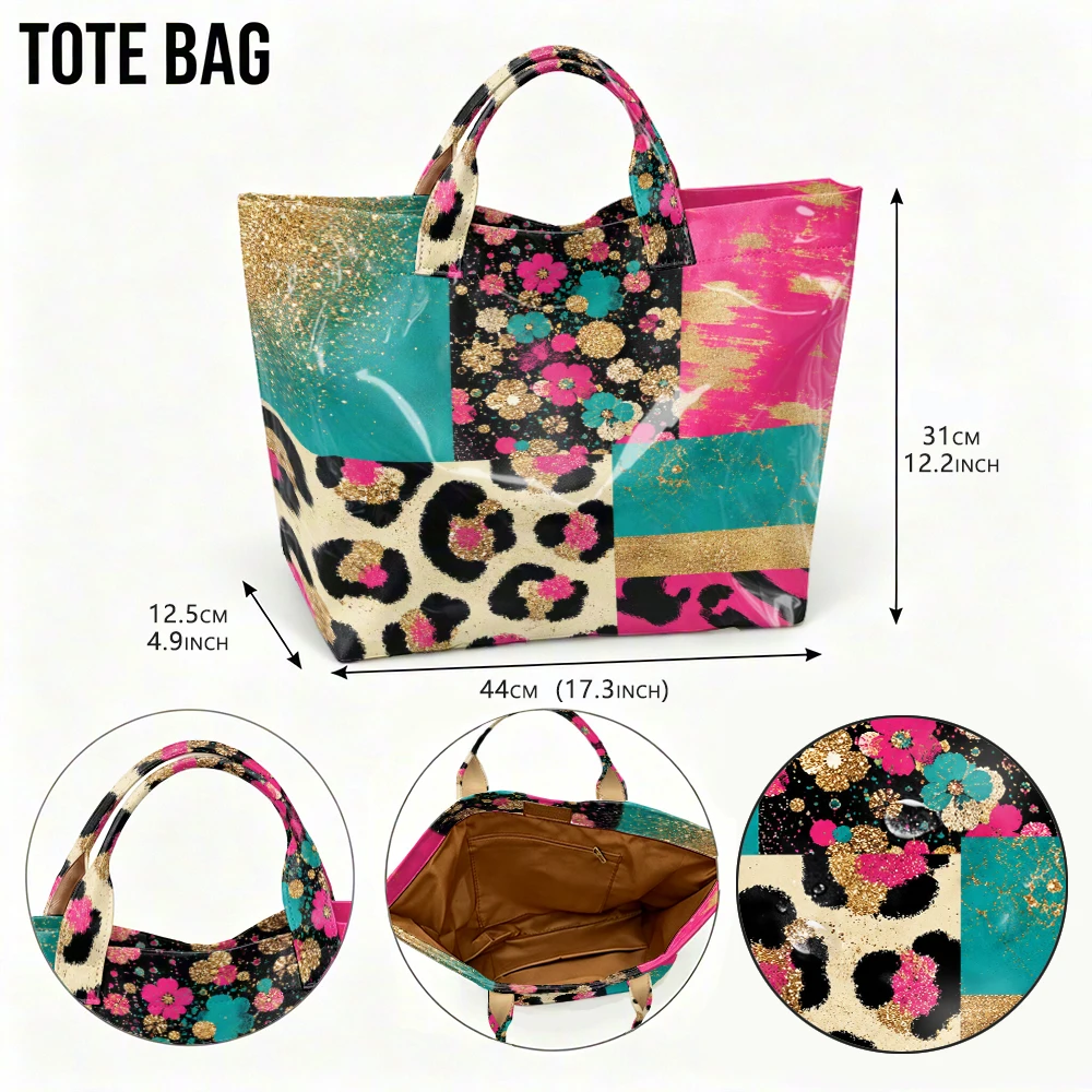 1pc Bump Color Leopard Pattern Floral Gold Foil Stitching Bright PVC Tote Bag, Trend Mix and Match Art Printing, Large-Capacity Handbag, Outdoor Travel Commuting, Storage Beauty Books, Travel Paraphernalia, Short Handle Handbag. - Image 3