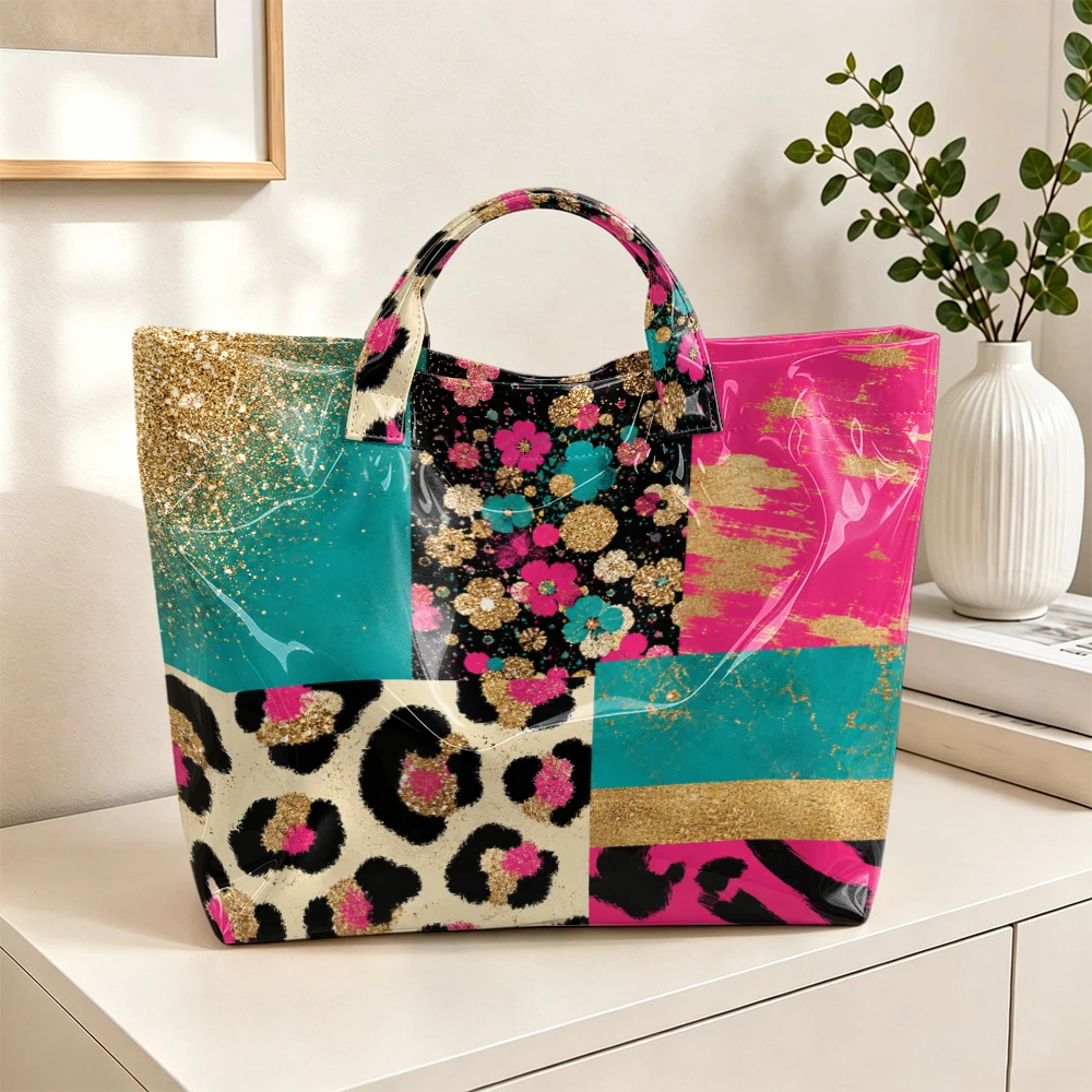 1pc Bump Color Leopard Pattern Floral Gold Foil Stitching Bright PVC Tote Bag, Trend Mix and Match Art Printing, Large-Capacity Handbag, Outdoor Travel Commuting, Storage Beauty Books, Travel Paraphernalia, Short Handle Handbag. 1pc Bump Color Leopard Pattern Floral Gold Foil Stitching Bright PVC Tote Bag, Trend Mix and Match Art Printing, Large-Capacity Handbag, Outdoor Travel Commuting, Storage Beauty Books, Travel Paraphernalia, Short Handle Handbag.