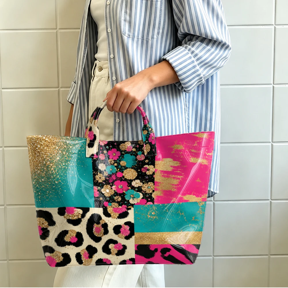 1pc Bump Color Leopard Pattern Floral Gold Foil Stitching Bright PVC Tote Bag, Trend Mix and Match Art Printing, Large-Capacity Handbag, Outdoor Travel Commuting, Storage Beauty Books, Travel Paraphernalia, Short Handle Handbag. - Image 6