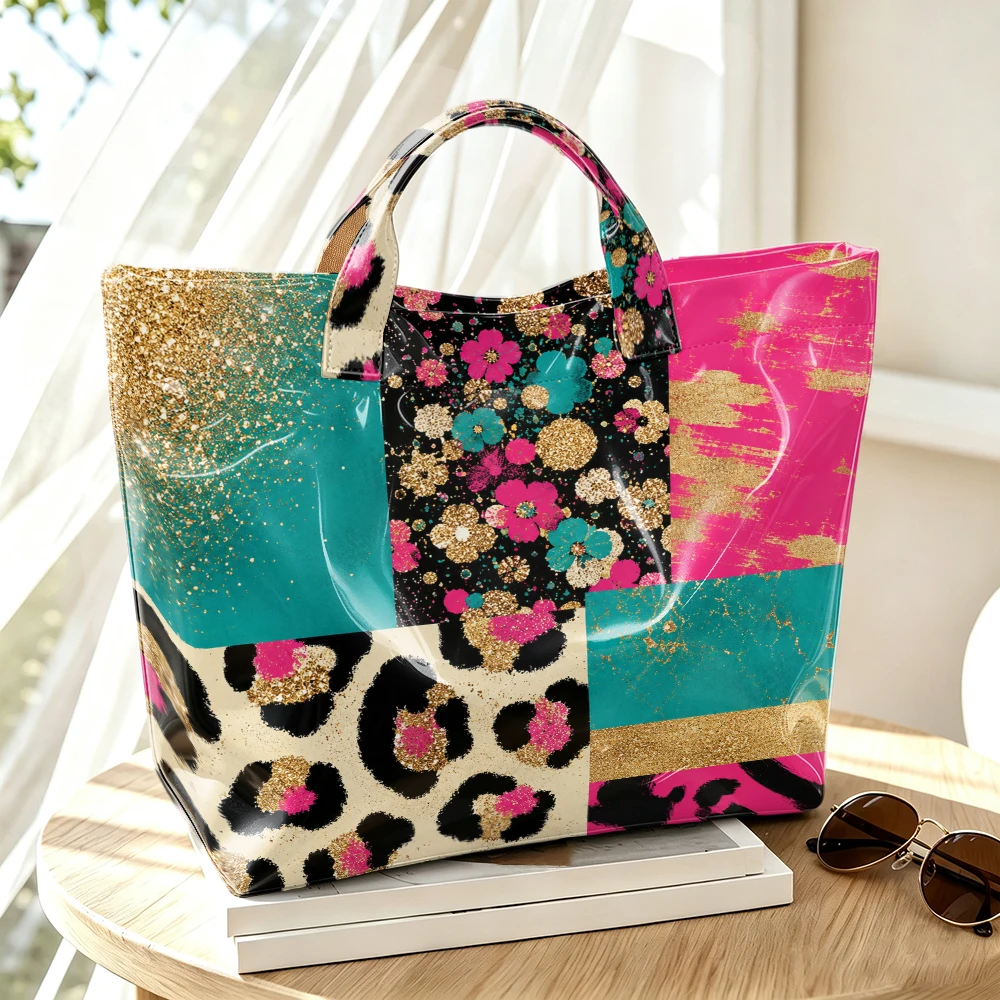 1pc Bump Color Leopard Pattern Floral Gold Foil Stitching Bright PVC Tote Bag, Trend Mix and Match Art Printing, Large-Capacity Handbag, Outdoor Travel Commuting, Storage Beauty Books, Travel Paraphernalia, Short Handle Handbag. - Image 2